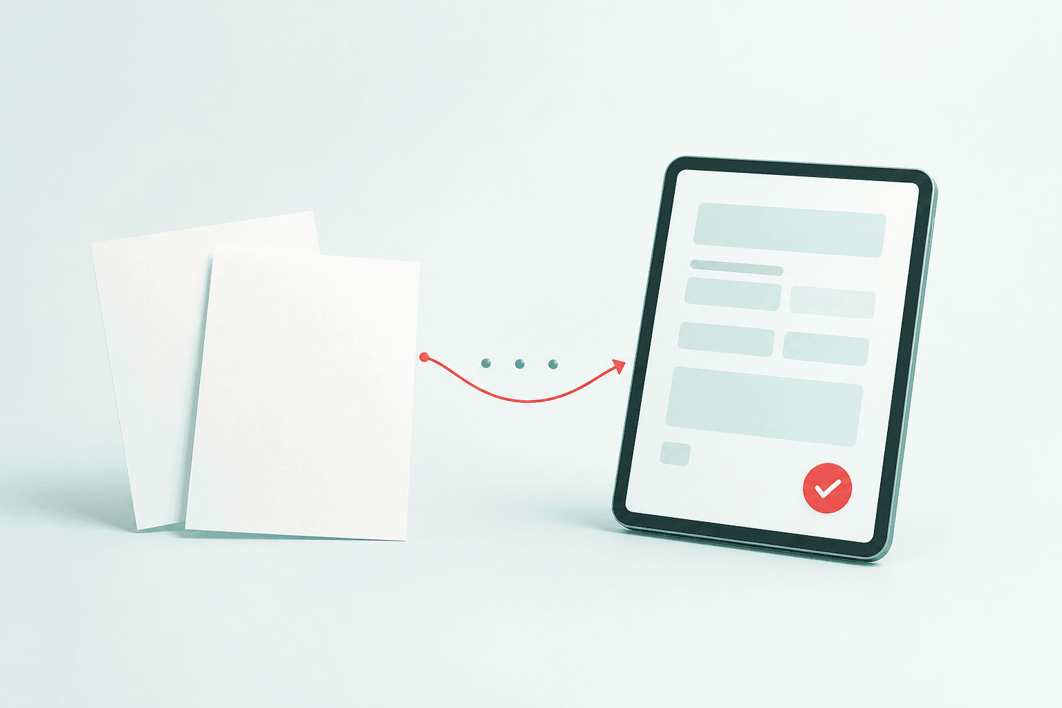 紙の書類からタブレットでの入所手続きへ切り替わるイラスト