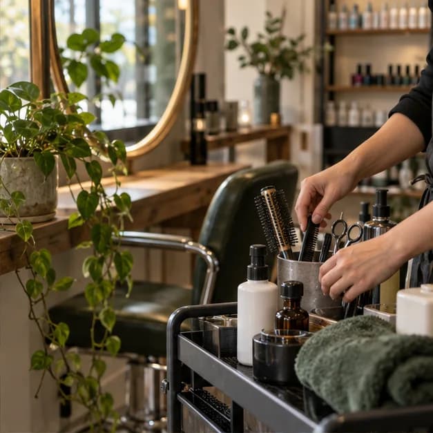 美容サロンの道具を整えるスタッフの手元